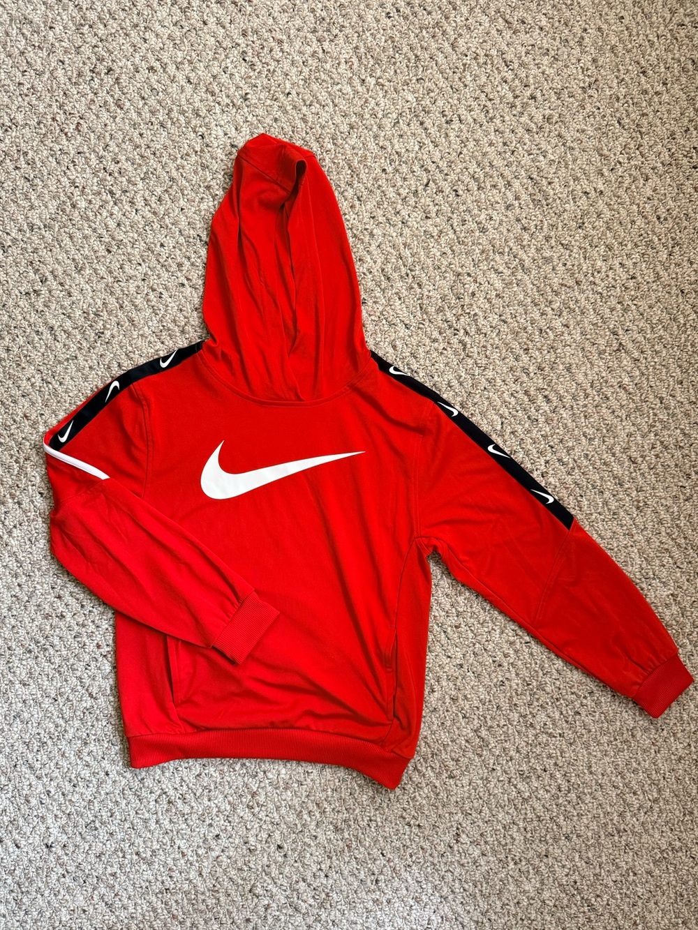 Nike Boys Large Red Hoodie with White Swoosh and Black and White Swoosh Accent